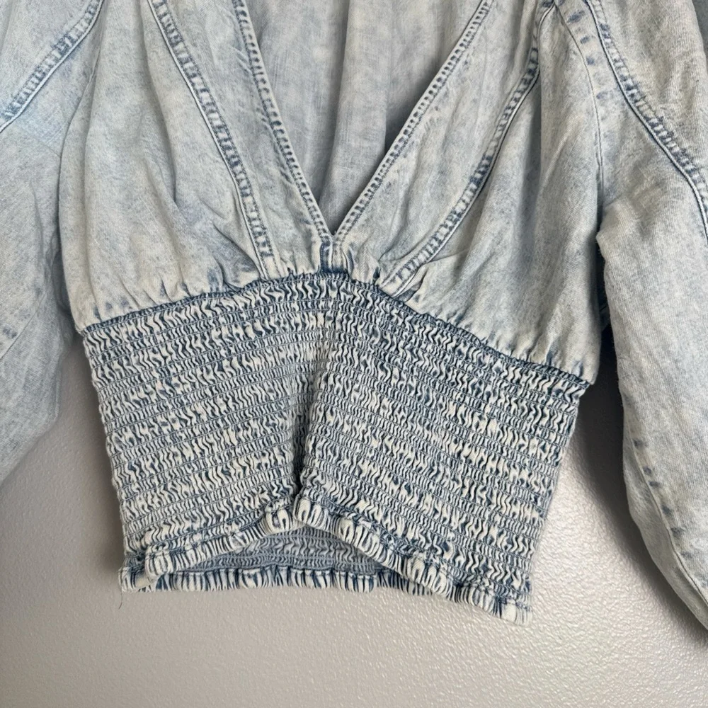 Free People Light Wash Denim Smocked Waist Blouse - Picture 3 of 4